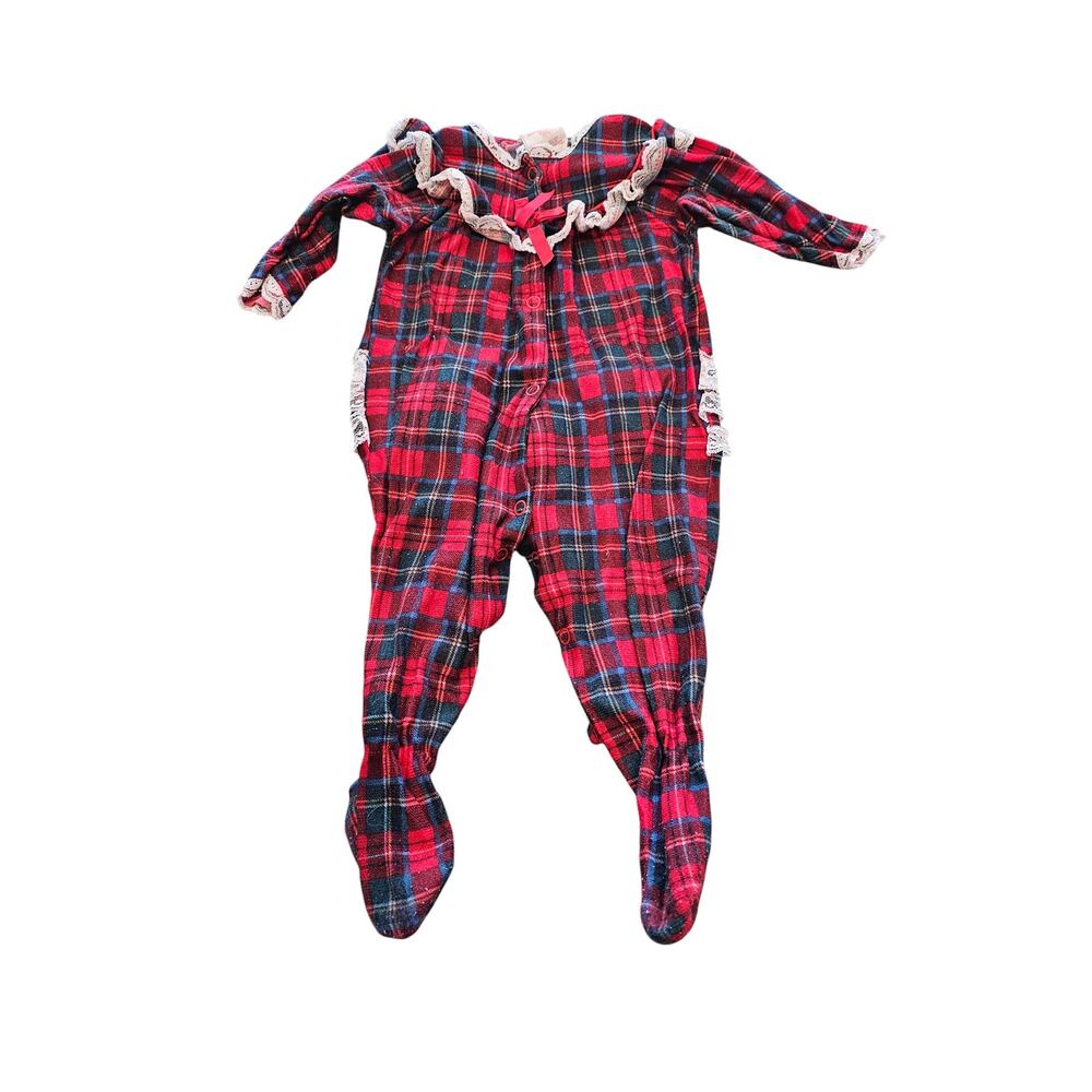 Vintage 1990s Cassie Girls Sz 9M One Piece Pajama Christmas Red Plaid Lace Trim